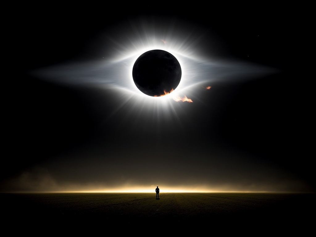Figure looking up at a total solar eclipse in full totality