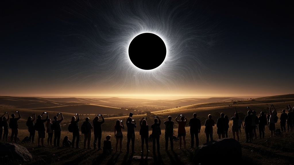 Total solar eclipse at totality: corona visible, sky darkened, stars appear