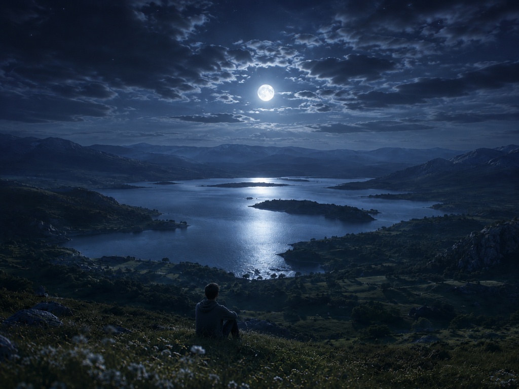 Solitary figure seated on a hillside at night, looking out over a moonlit lake under a cloud-veiled full moon — the residue of awe
