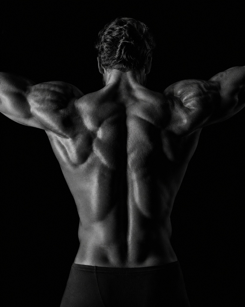 Male athletic form: angular geometry, strong jaw, broad shoulders, the male aesthetic grammar
