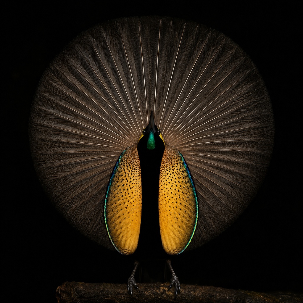 Bird-of-Paradise in full courtship display: geometric circular cape, iridescent breast shield against pure black background