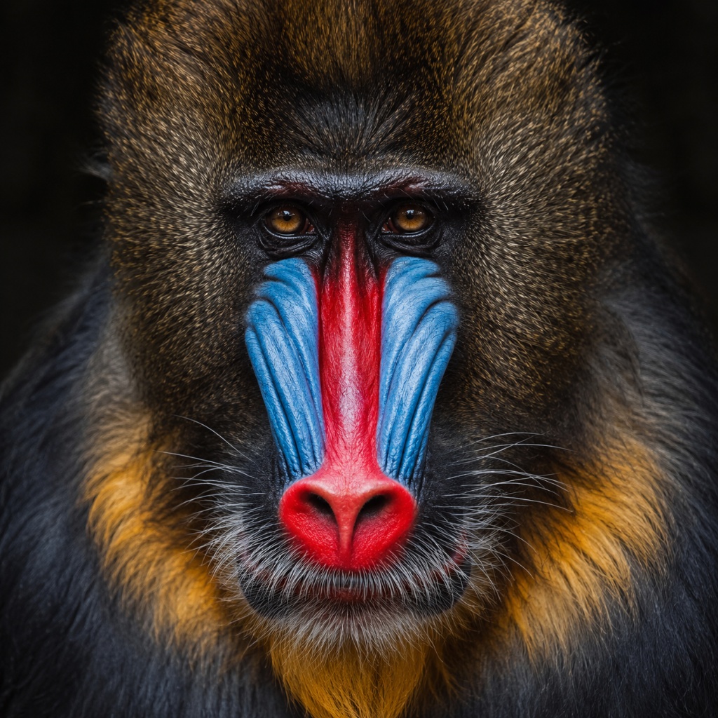 Mandrill male face showing vivid blue and red coloration: the most colorful mammal face on Earth, saturation proportional to dominance