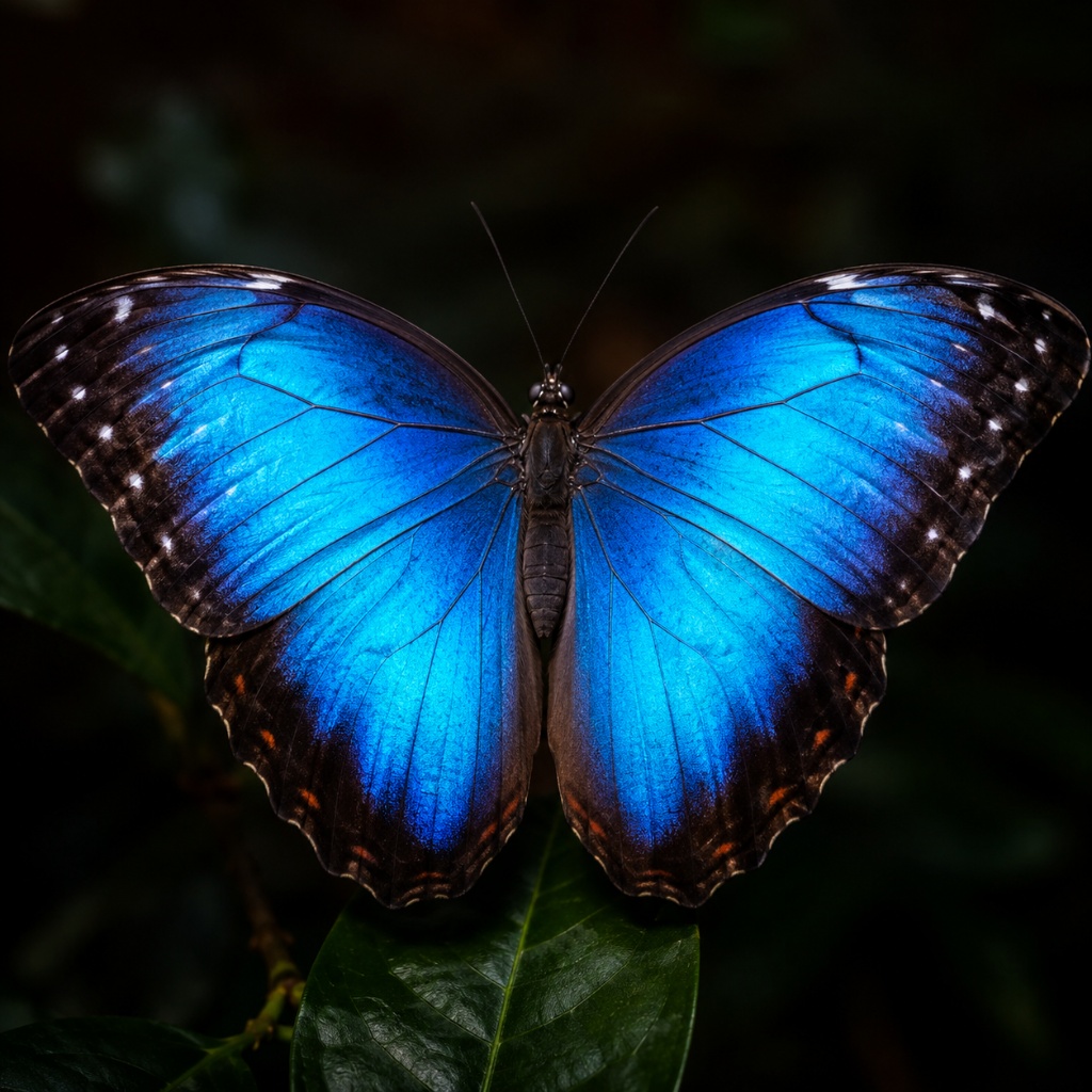 Morpho butterfly wings open: electric iridescent blue from nanostructural diffraction, not pigment. No chemistry involved, pure structural optics.