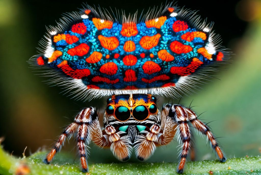 Peacock spider (Maratus volans) in full courtship display: 5mm body, abdominal flap expanded showing geometric blue, red, and orange pattern