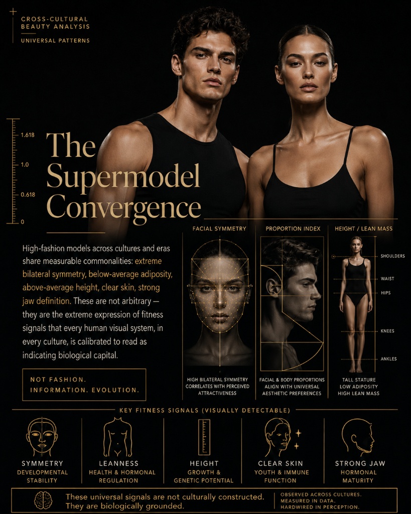 The Supermodel Convergence: high-fashion models across cultures share bilateral symmetry, below-average adiposity, above-average height, clear skin, and strong jaw definition, reflecting biological information rather than fashion.