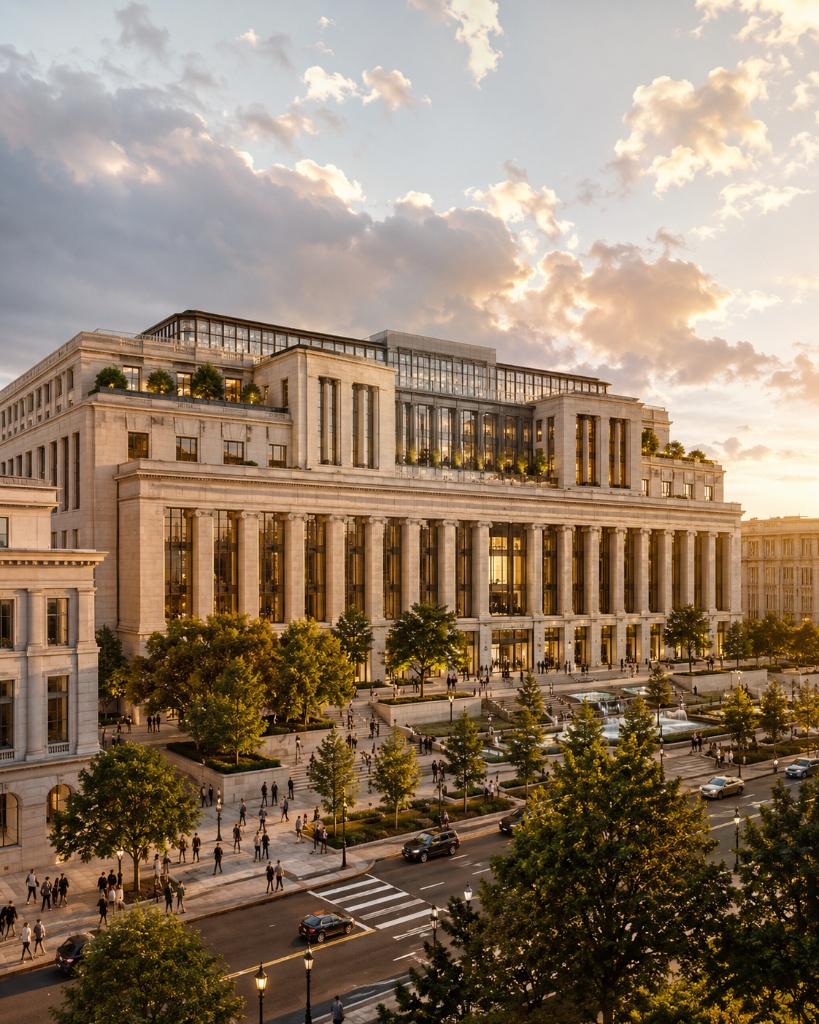 Classical civic building at golden hour — symmetry, columns, invitation