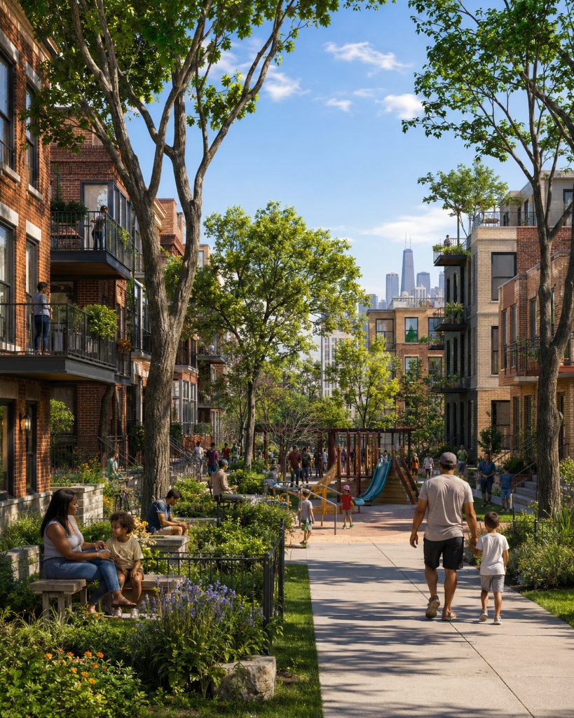 Warm inviting campus courtyard with natural materials and human scale