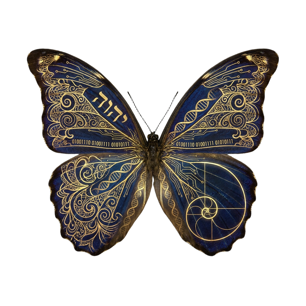 Blue-gold butterfly — NOW track: YHWH, DNA, binary NOW, Fibonacci embedded in wings