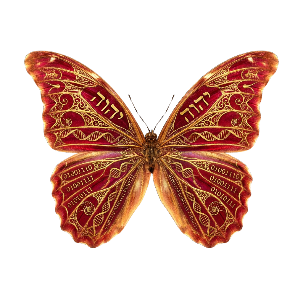 Crimson-gold butterfly — NO track: YHWH, DNA, binary NOW, Fibonacci embedded in wings
