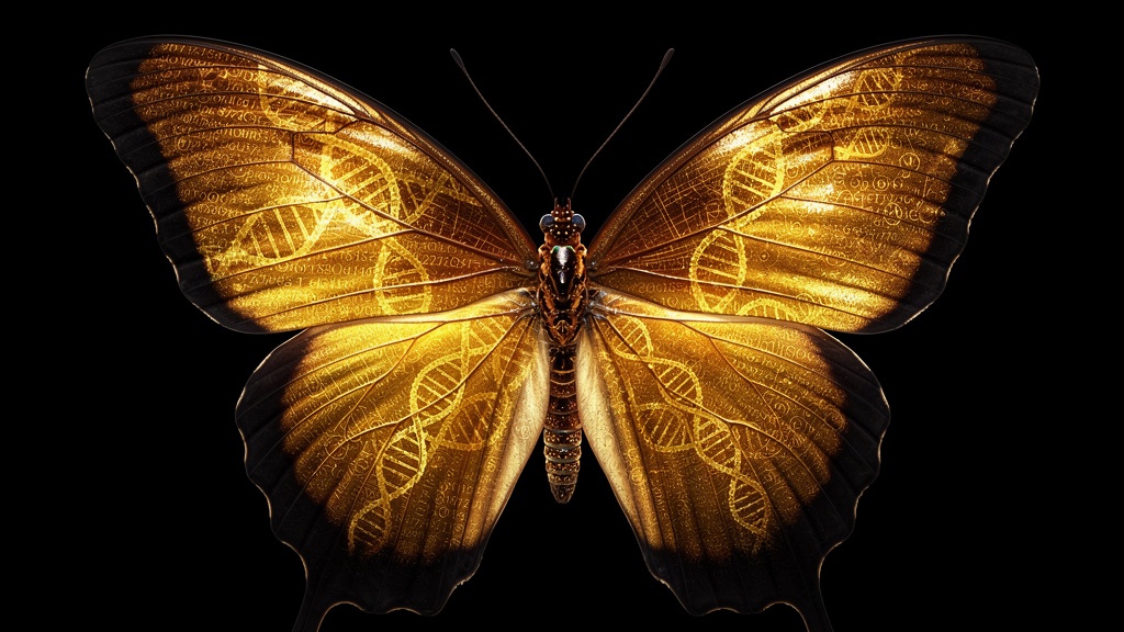 A masterclass butterfly with iridescent gold wings bearing DNA and code patterns: the form the caterpillar was always becoming