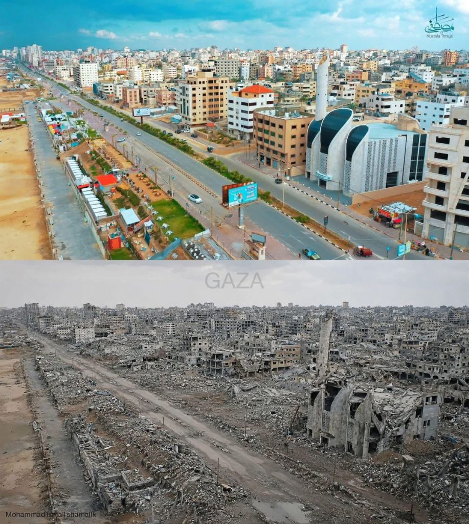 A child runs in terror as a massive explosion engulfs a residential street in Gaza: concrete buildings collapsing into dust, smoke rising hundreds of feet, debris in the air. 2025.