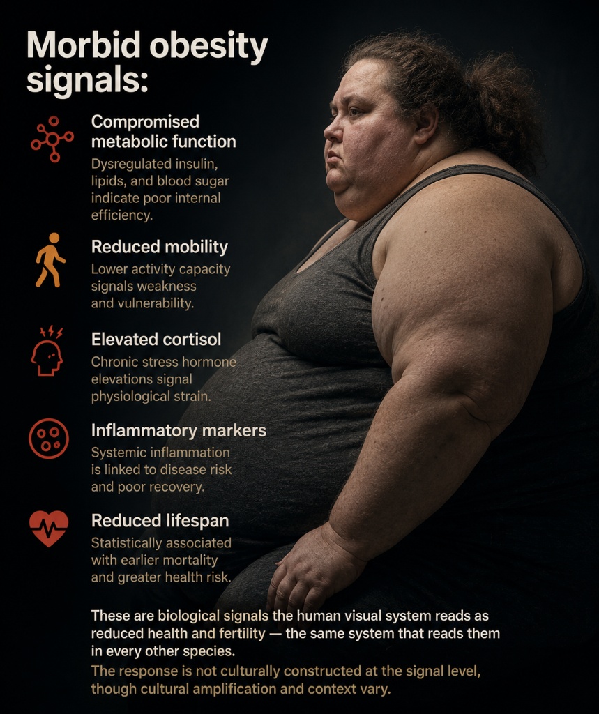 Morbid obesity signals infographic: compromised metabolic function, reduced mobility, elevated cortisol, inflammatory markers, reduced lifespan, biological signals the human visual system reads as reduced health and fertility