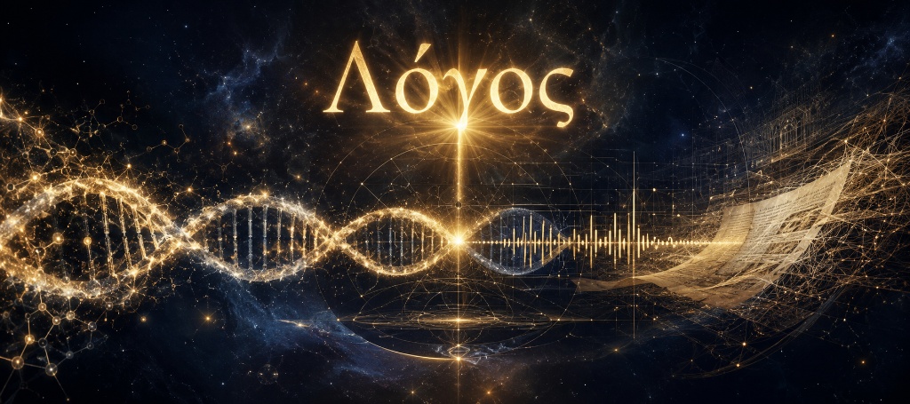 Λόγος · DNA helix and cosmic field converging on a point of divine light
