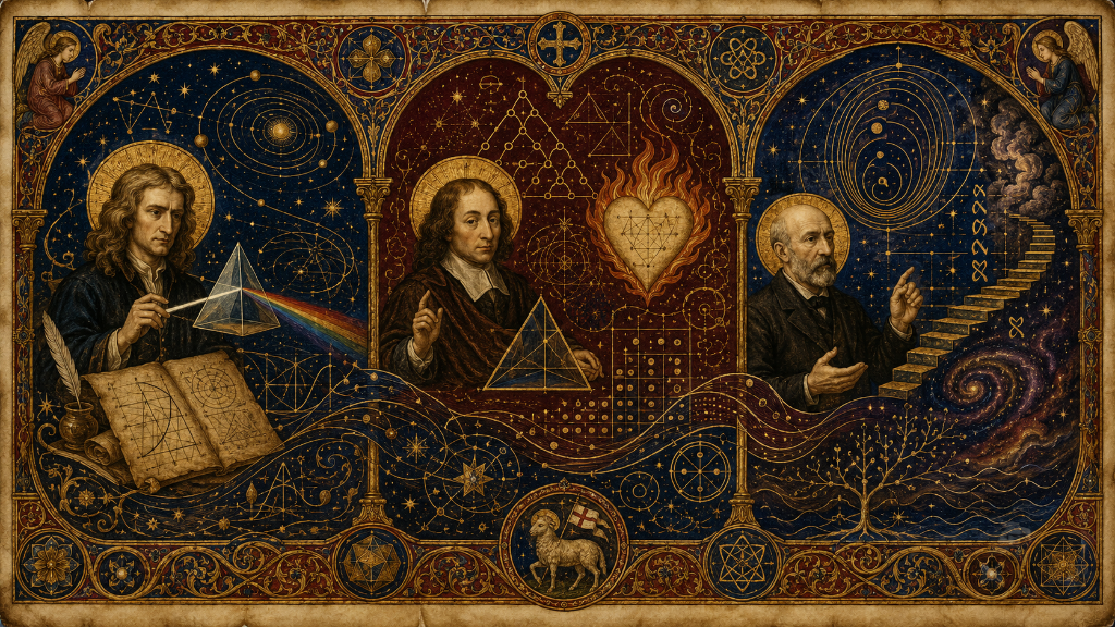 Illuminated manuscript triptych: Newton with a prism and geometry book, Pascal with a flaming heart and triangle, Cantor with a staircase and galaxy.
