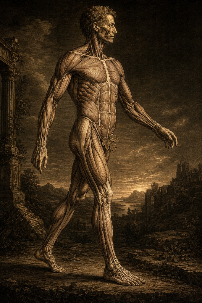 Vesalius, De Humani Corporis Fabrica (1543): male figure with full musculature exposed against an architectural landscape